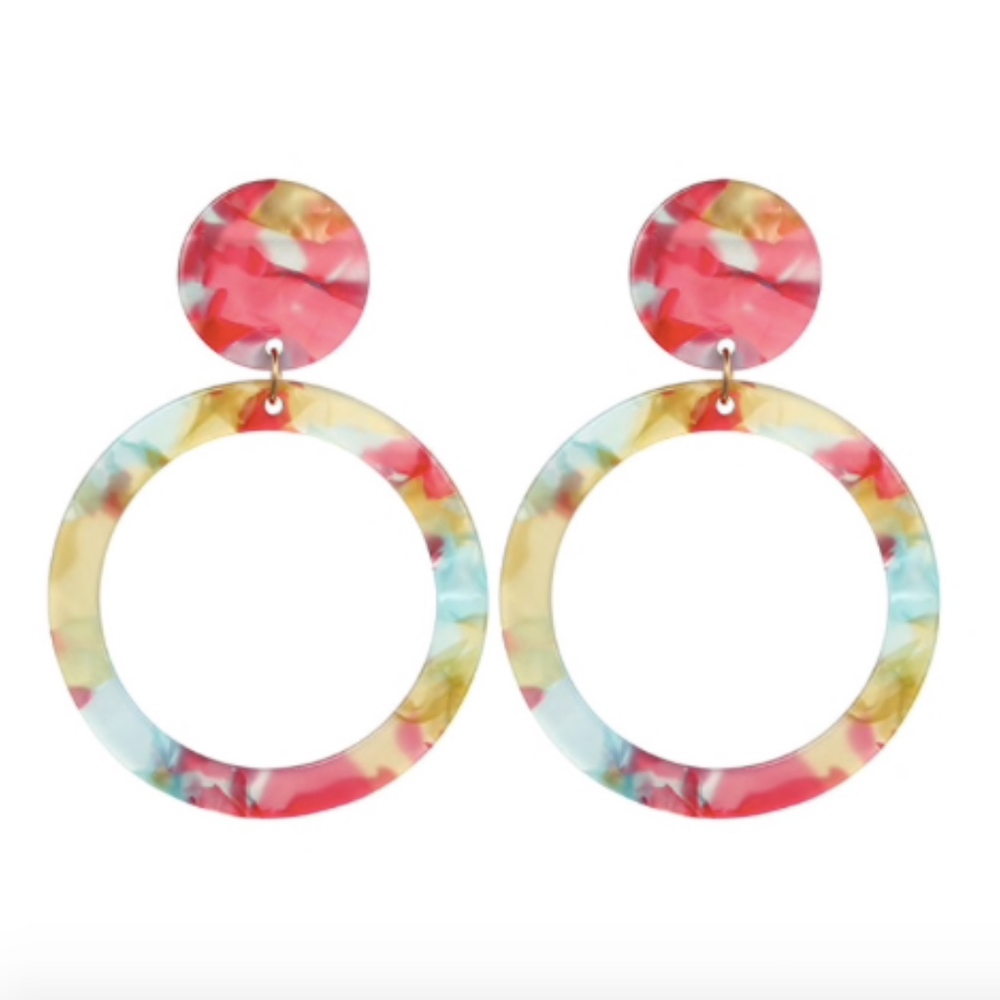 Tortoise Shell Geometric Circle Statement Earrings - Picture 2 of 3